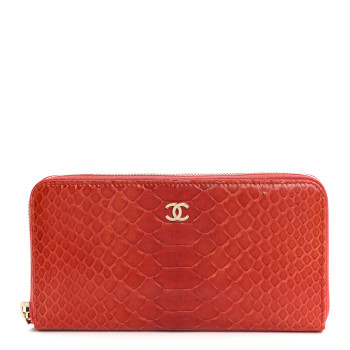 CHANEL Snakeskin Large Gusset Zip Around Wallet Red