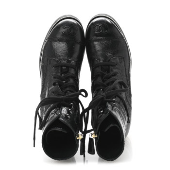 CHANEL Shiny Crumpled Lambskin Lace Up Combat Boots 36.5 Black