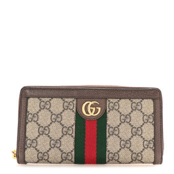 GUCCI GG Supreme Monogram Web Ophidia Zip Around Wallet Brown