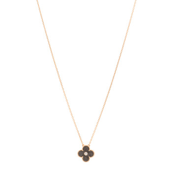 VAN CLEEF & ARPELS 18K Rose Gold Diamond Silver Obsidian Vintage Alhambra Pendant Necklace