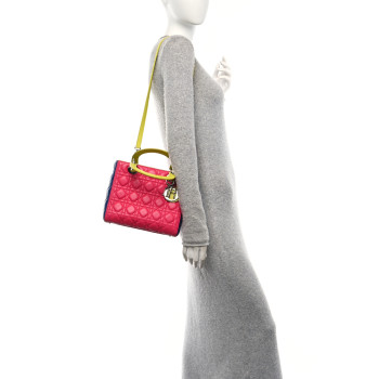 CHRISTIAN DIOR Lambskin Cannage Medium Tri-Color Lady Dior Pink Blue Yellow