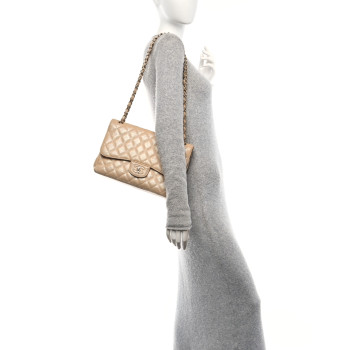 CHANEL Iridescent Caviar Quilted Jumbo Double Flap Beige