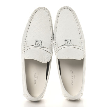 LOUIS VUITTON Soft Calfskin Mini Monogram Embossed Mens Hockenheim Moccasin Loafers 10 White
