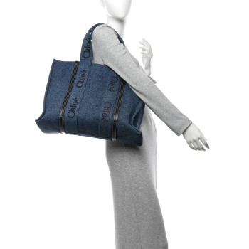 CHLOE Denim Calfskin Large Woody Ribbon Tote Blue