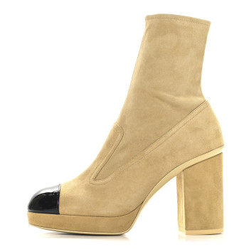 CHANEL Suede Patent Calfskin Cap Toe Shorts Boots 37 Beige Black