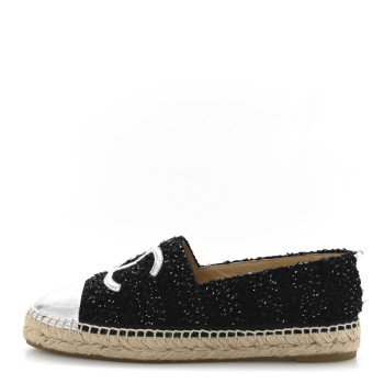 CHANEL Metallic Lambskin Tweed CC Espadrilles 39 Black Silver