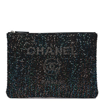 CHANEL Canvas Sequin Medium Deauville Cosmetic Pouch Black
