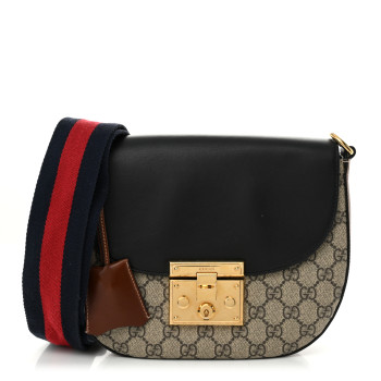 GUCCI GG Supreme Monogram Web Medium Padlock Messenger Shoulder Bag Black