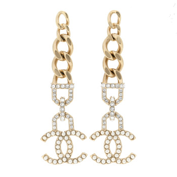 CHANEL Metal Crystal CC Vendome CC Dangle Earrings Gold