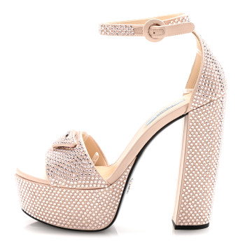 PRADA Satin Crystal Triangle Logo 40/135mm Platform Sandals 36 Alabastro