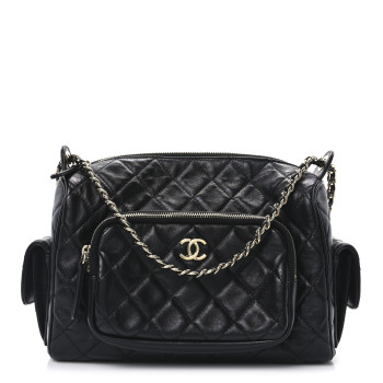 CHANEL Shiny Crumpled Lambskin Quilted Medium Preppy Pocket Camera Case Black
