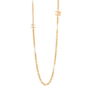 CHANEL Pearl Quilted CC Long Necklace Light Gold