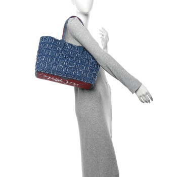 CHRISTIAN LOUBOUTIN Denim Embroidered Spikes East West Cabata Tote Blue