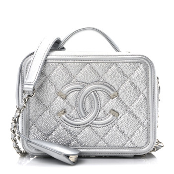 CHANEL Metallic Caviar Quilted Small CC Filigree Vanity Case Silver