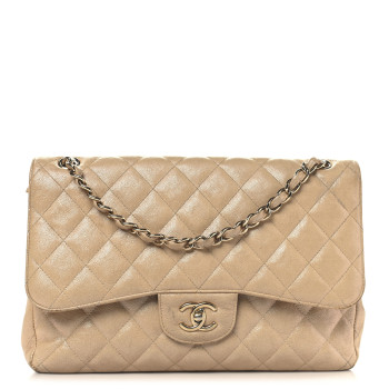 CHANEL Iridescent Caviar Quilted Jumbo Double Flap Beige
