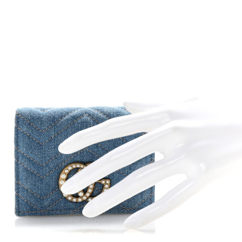 GUCCI Denim Matelasse Pearly GG Marmont Card Case Wallet Blue