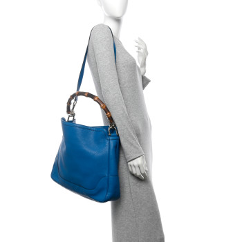 GUCCI Pebbled Calfskin Medium Diana Bamboo Shoulder Bag Turquoise