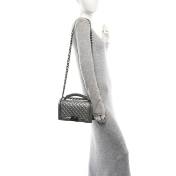 CHANEL Metallic Calfskin Quilted Medium Top Handle Boy Flap Silver