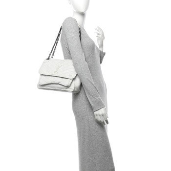 SAINT LAURENT Crinkled Calfskin Matelasse Monogram Medium Niki Chain Satchel Ivory