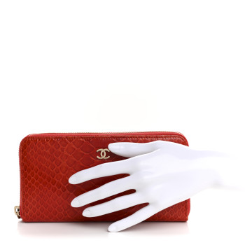 CHANEL Snakeskin Large Gusset Zip Around Wallet Red