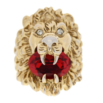 GUCCI Metal Crystal Lion Head Ring L Red Gold