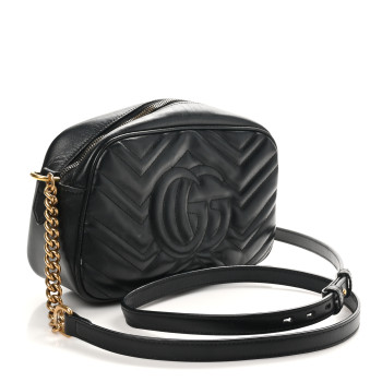 GUCCI Calfskin Matelasse Small GG Marmont Chain Shoulder Bag Black