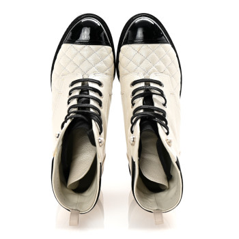 CHANEL Pearly Calfskin Patent Calfskin Quilted Lace Up Boots 37 White Light Gray Black