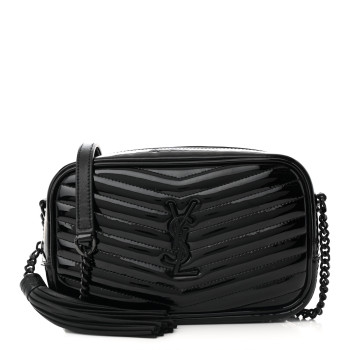 SAINT LAURENT Patent Calfskin Matelasse Monogram Mini Lou Camera Bag Black