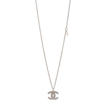 CHANEL Pearl Crystal CC Pendant Necklace Silver