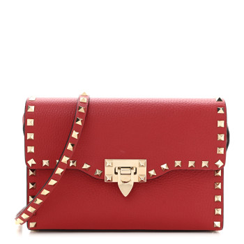 VALENTINO GARAVANI Pebbled Calfskin Medium Rockstud Flip Lock Crossbody Bag Red