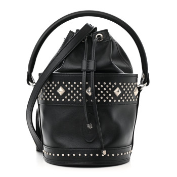SAINT LAURENT Smooth Calfskin Studded Small Bahia Drawstring Bucket Bag Black