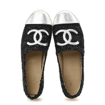 CHANEL Metallic Lambskin Tweed CC Espadrilles 39 Black Silver