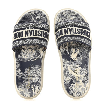 CHRISTIAN DIOR Canvas Toile de Jouy Embroidered Dway 10mm Slide Sandals 38.5 Deep Blue