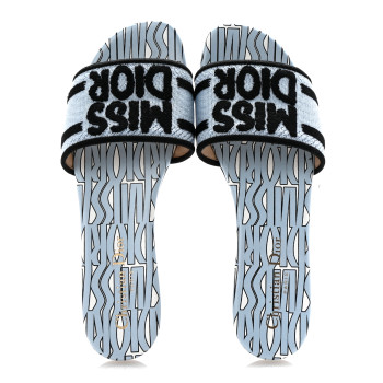 CHRISTIAN DIOR Canvas Miss Dior Embroidered Dway Flat Slide Sandals  37.5 Azure Pale