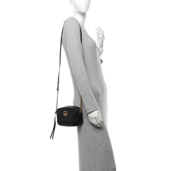 GUCCI Calfskin Matelasse Mini GG Marmont Chain Shoulder Bag Black