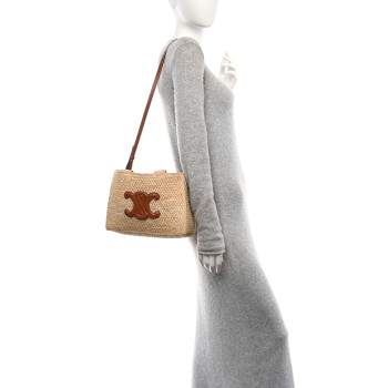 CELINE Raffia Calfskin Triomphe Small Cabas Thais Tan