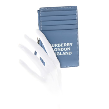 BURBERRY Calfskin London England Print Logo Card Holder Light Blue