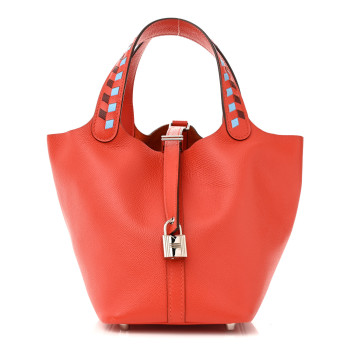 HERMES Epsom Tressage De Cuir Picotin Lock 18 PM Capucine Celeste Rouge H