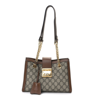 GUCCI GG Supreme Monogram Calfskin Small Padlock Tote  Beige Ebony Tuscany