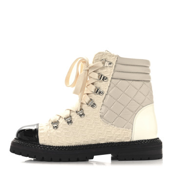 CHANEL Tweed Patent Cap Toe Lace Up Short Boots 38.5 White