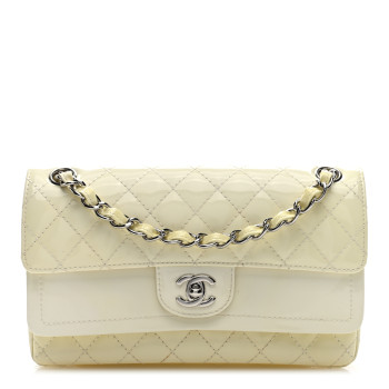 CHANEL Patent Calfskin Quilted Rectangular Double Flap White