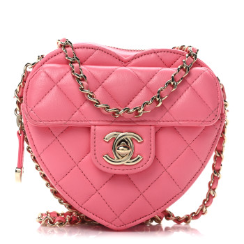 CHANEL Lambskin Quilted CC In Love Heart Clutch With Chain Pink