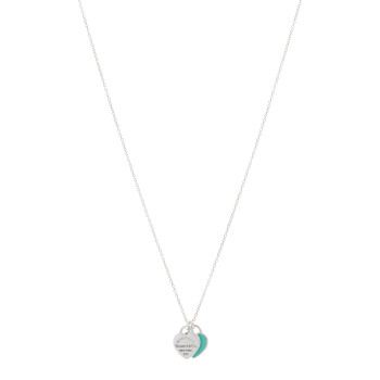 TIFFANY Sterling Silver Enamel Return to Tiffany Double Mini Heart Tag Pendant Necklace Blue