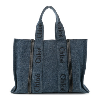 CHLOE Denim Calfskin Large Woody Ribbon Tote Blue