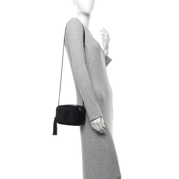 SAINT LAURENT Patent Calfskin Matelasse Monogram Mini Lou Camera Bag Black