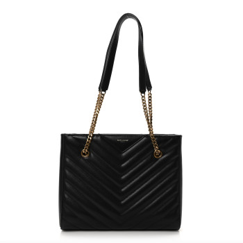 SAINT LAURENT Grain de Poudre Matelasse Chevron Medium Tribeca Shopping Bag Black