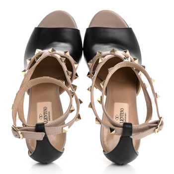 VALENTINO GARAVANI Calfskin Rockstud Strap Sandals 37 Black Poudre