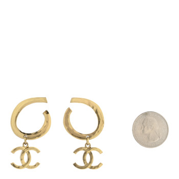 CHANEL Metal Textured Hoop Drop CC Earrings Gold