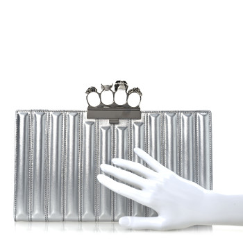 ALEXANDER MCQUEEN Metallic Calfskin Quilted Four Ring Knuckle Flat Clutch Silver