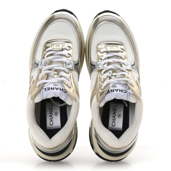 CHANEL Fabric Laminated Calfskin Stretch CC Womens Sneakers 38.5 White Gold Silver